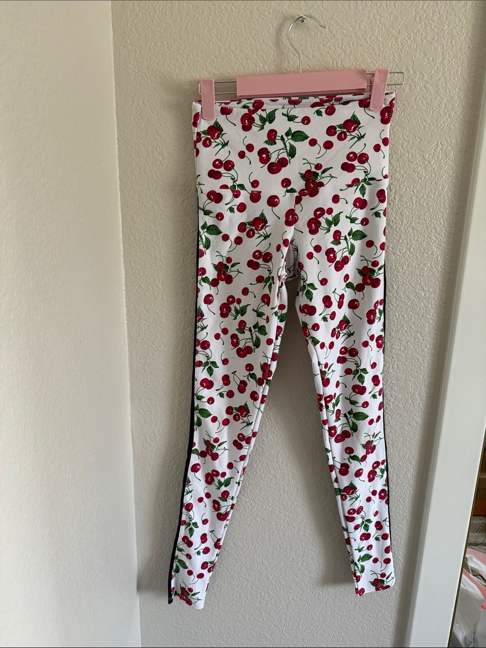White Cherry-Print Leggings with Side Stripe